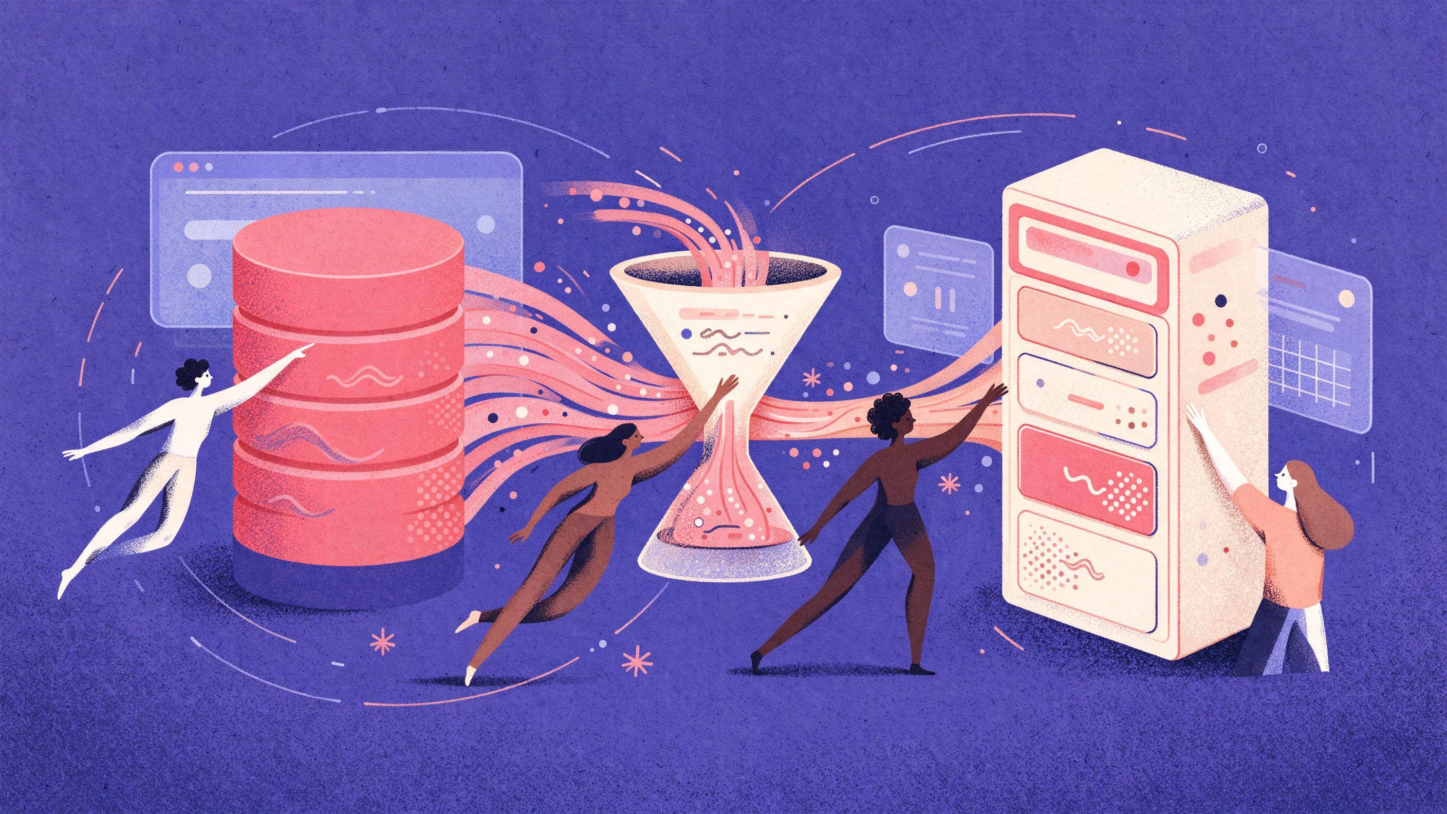 A split scene: on the left, a production database cylinder with a stream of data flowing through a funnel labeled Anonymize and Subset; on the right, a staging server receiving the processed data.